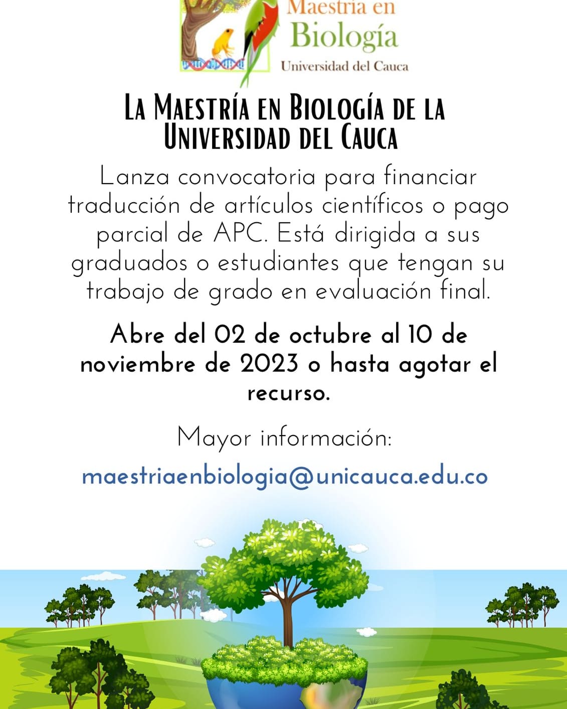 CONVOCATORIA PARA FINANCIAR TRADUCCIÓN DE ARTÍCULOS CIENTÍFICOS O PAGO PARCIAL DE APC A GRADUADOS DEL PROGRAMA